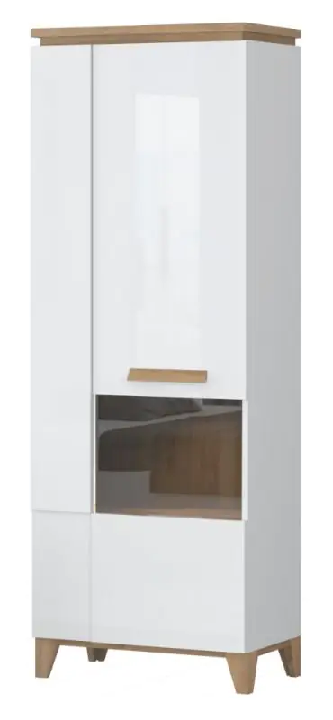 Moderne Vitrine Safotu 02, Weiß Hochglanz / Walnuss, 194 x 70 x 41 cm, mit 2 Türen und 5 Fächern, hochwertige Verarbeitung, stabil, Soft Close System