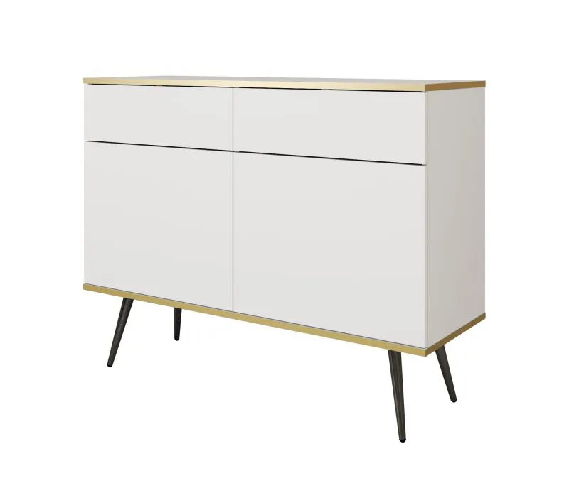 Kleine ladekast / commode met twee lades Horsham 61, kleur: wit, twee deuren, ABS-randafwerking, push-to-open-functie, vier vakken, poten: zwart