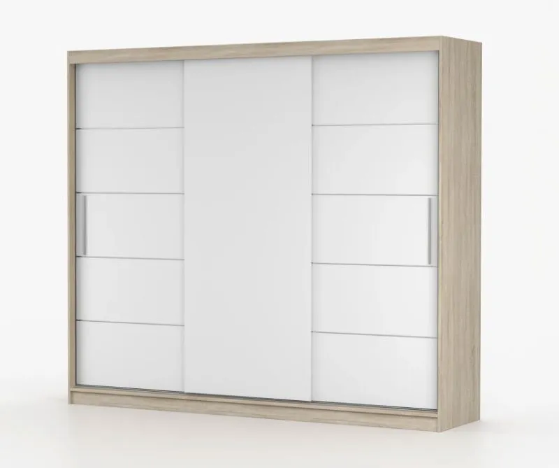 Kledingkast van 2,5 meter breed / schuifdeurenkast in eiken / wit / Cevennen 04 / 218 x 250 x 61 cm / 3 deuren / 12 vakken / front in houtlook