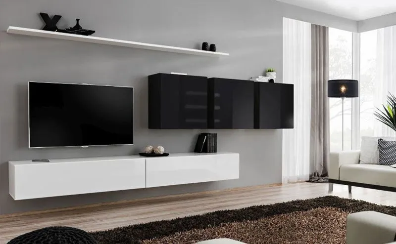 Wohnwand im schlichten Design Balestrand 101, Farbe: Weiß / Schwarz - Abmessungen: 150 x 340 x 40 cm (H x B x T), mit acht Fächern