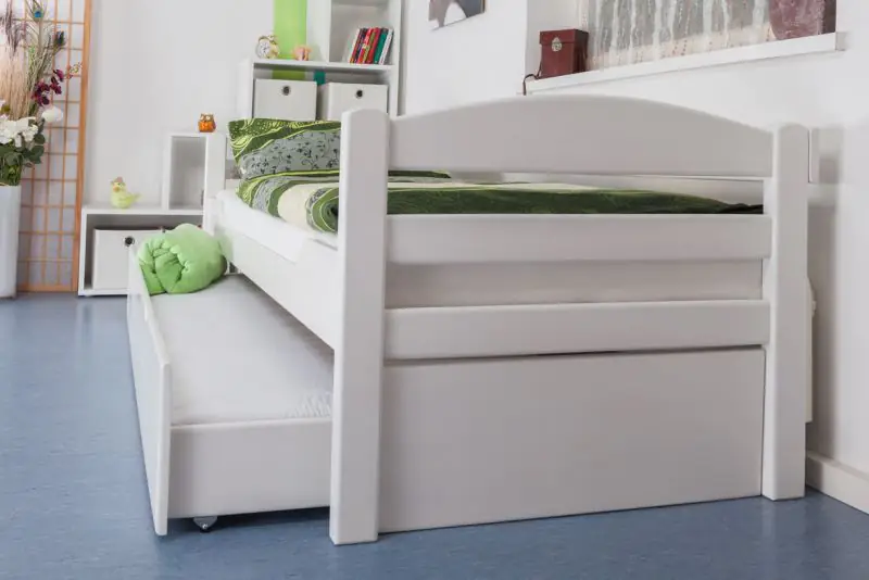 Eenpersoonsbed / stapelbed "Easy Premium Line" K1/h/s incl. 2e bed en 2 afdekplaten, 90 x 200 cm massief beukenhout wit gelakt