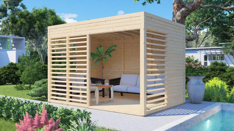 Paviljoen Tuinhuis Freiburg 02 incl. vloer, onbehandeld - 19 mm element paviljoen Tuinhuis, gebruiksoppervlakte: 7,8 m², paviljoen