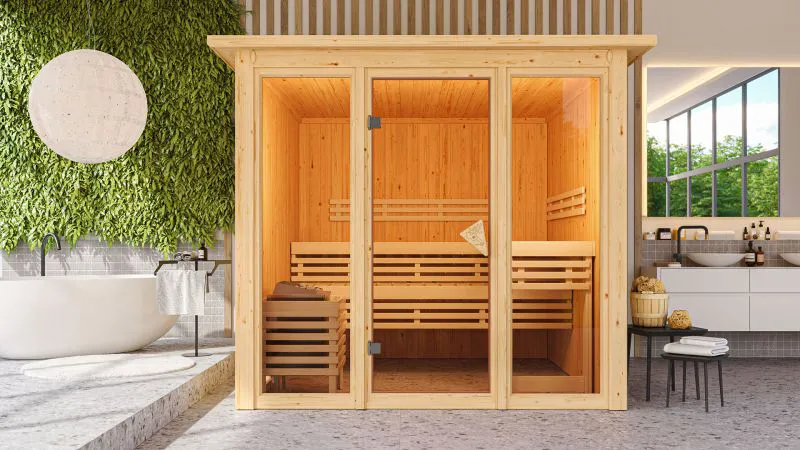 Sauna "Druna" SET met bronskleurige deur, glazen front en rand - kleur: naturel, kachel 9 kW - 240,5 x 248 x 202 cm (B x D x H)