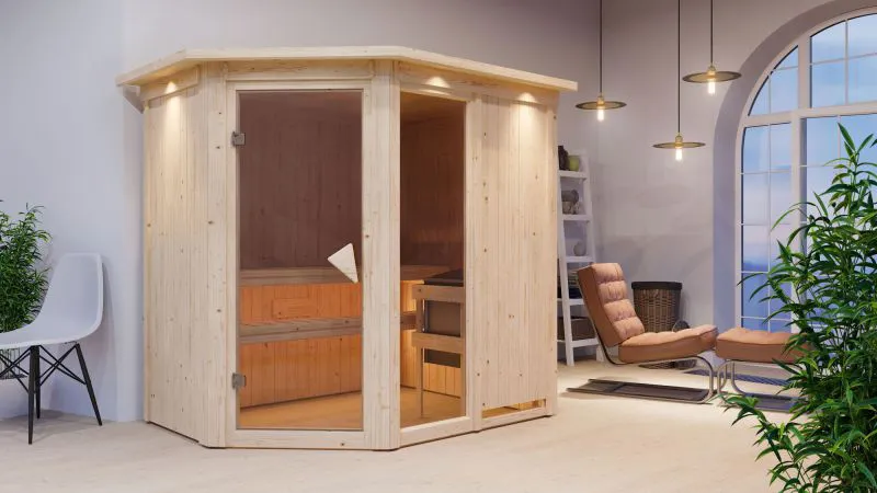 Sauna "Bjarki 1" SET met gebronsde deur en kroonlijst met BIO-kachel 9 kW - 210 x 165 x 202 cm (B x D x H)