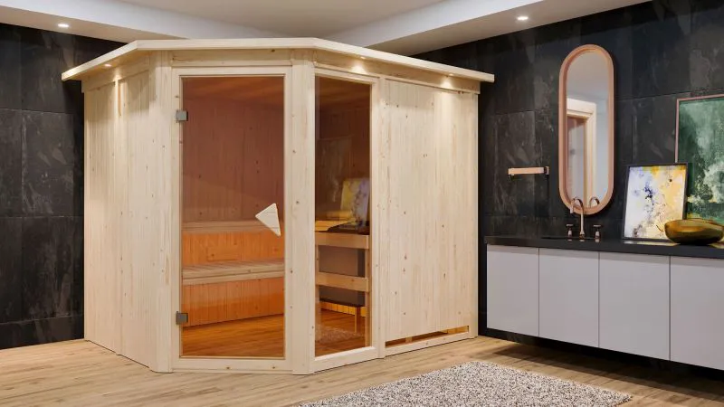 Sauna "Bjarki 3" SET met gebronsde deur en kroonlijst, met externe bediening voor de kachel "easy" 9 kW, roestvrij staal - 245 x 210 x 202 cm (B x D x H)