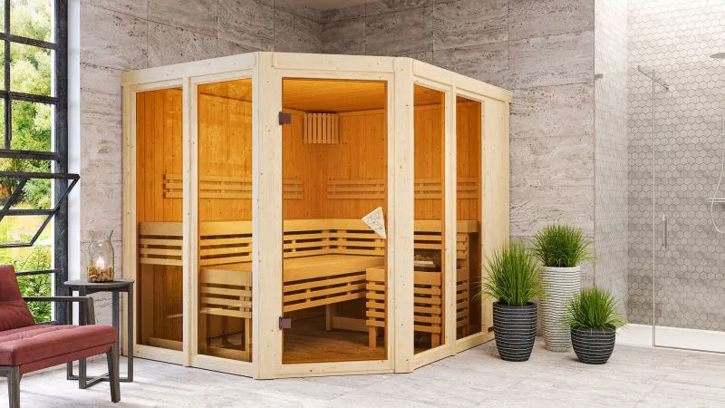 Sauna "Alvara" SET met gebronsde deur - kleur: onbehandeld, kachel 9 kW - 231 x 196 x 198 cm (B x D x H)