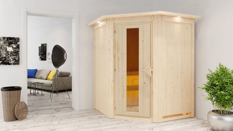 SET-sauna "Eetu" met energiebesparende deur en rand - kleur: naturel, 9 kW kachel - 165 x 165 x 202 cm (B x D x H)
