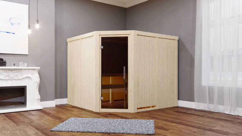 Sauna "Samu" SET met grafietkleurige deur - kleur: onbehandeld, kachel externe regeling easy 9 kW - 231 x 196 x 198 cm (B x D x H)