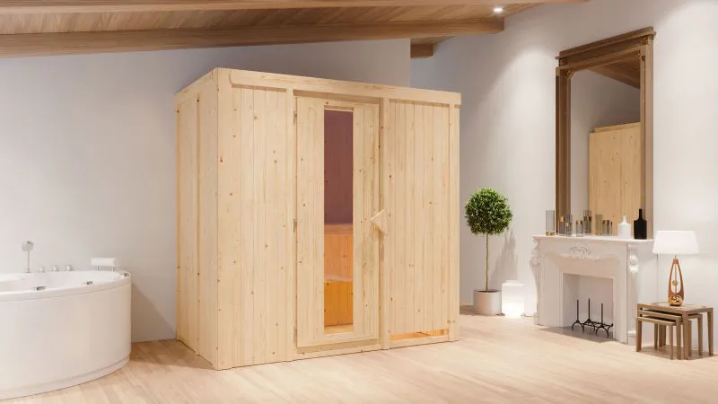 Sauna "Eeli" SET met energiebesparende deur - kleur: natuur, kachel externe regeling easy 9 kW - 196 x 118 x 198 cm (B x D x H)