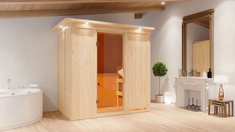 Sauna "Eeli" met bronskleurige deur en boven lijst - Kleur: Naturel - 210 x 132 x 202 cm (B x D x H)
