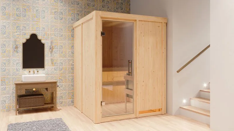 Sauna "Niilo" SET met heldere glazen deur & kachel BIO 9 kW - 151 x 151 x 198 cm (B x D x H)