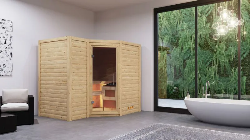 Sauna "Tjara 2" met heldere glazen deur - kleur: onbehandeld - 236 x 184 x 209 cm (B x D x H)