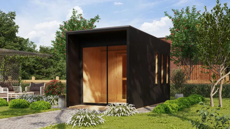 Buitensauna / saunahuis "Eevi" SET met kachel 9 kW, kleur: zwart - 220 x 429 cm (B x D), grondoppervlakte: 9,2 m²