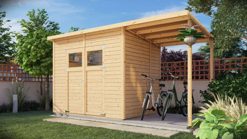 Tuinhuisje Dresden 03 met verlengd dak incl. vloer, onbehandeld - 14 mm prefab / elementen tuinhuis, bruikbare oppervlakte: 4,20 m², lessenaarsdak
