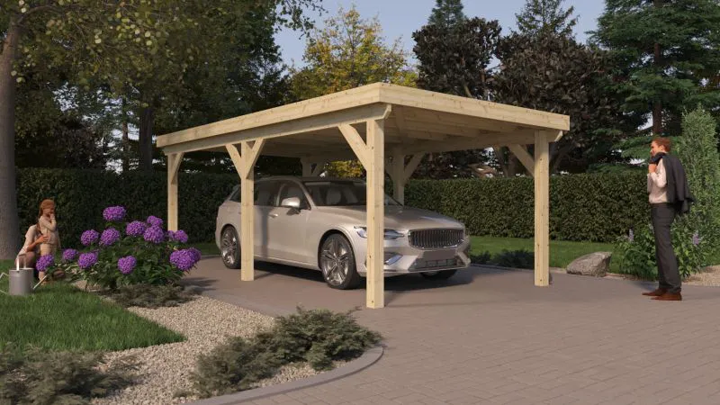 Enkele carport TA 12 / sparren- en dennenhout / grondoppervlakte 17,85 m² / plat dak / afmetingen grondoppervlakte 300 x 595 cm / weerbestendig