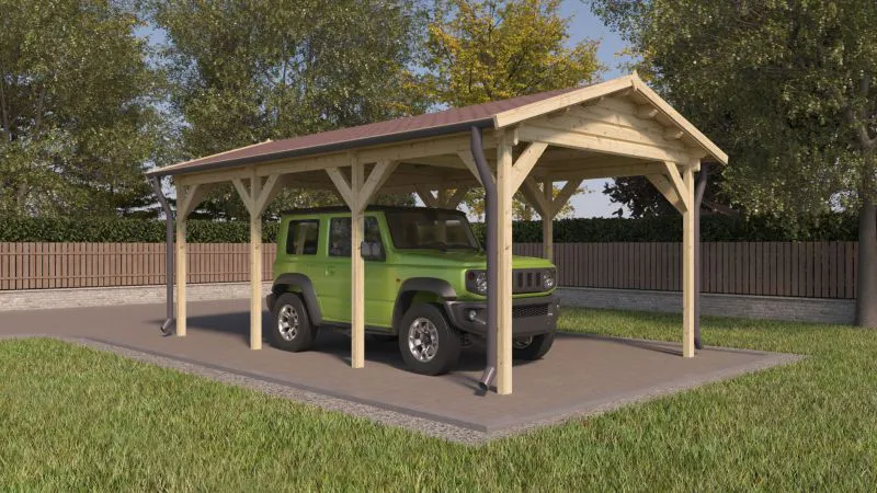 Enkele carport TA 13 / sparren- en dennenhout / grondoppervlakte 19,61 m² / zadeldak / afmetingen grondoppervlakte 328 x 598 cm / weerbestendig