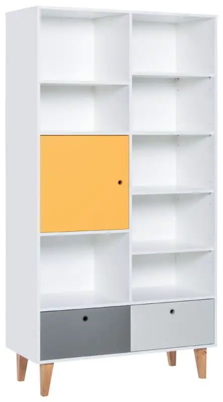 Jeugdkamer / tienerkamer - open kast Syrina 15, kleur: wit / grijs / geel - Afmetingen: 202 x 105 x 45 cm (h x b x d)
