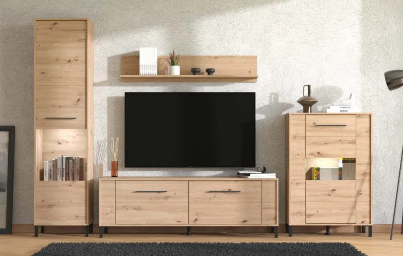 Wohnwand / getint glas / kleur: Artisan eiken / 2 vitrinekasten / 1 TV-onderkast / 1 wandplank / afmetingen: 279 x 40 x 192,5 cm / handgrepen en poten: metaal