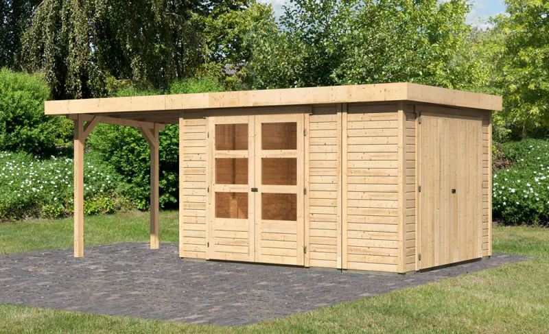 Berging / tuinhuis SET onbehandeld met aanbouw bergruimte/ kast, aanbouwdak 240 cm, grondoppervlakte: 7,75m²