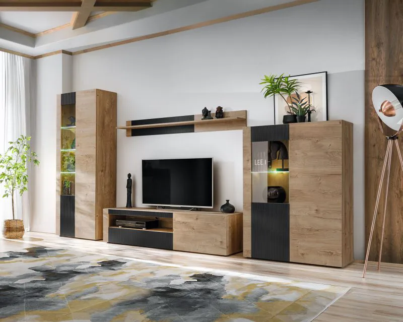 Woonwand / kleur: Ribbeck eik / mat zwart / push-to-open functie / incl. LED-verlichting / afmetingen: 320 x 45 x 192 cm / 2 vitrines / 1 TV-onderkast / 1 wandplank