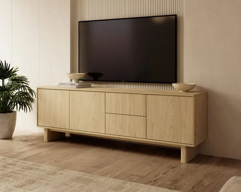 TV-onderkast | Kleur: geolied eiken | Push-to-open-functie | 3 draaideuren | 2 lades | 6 vakken | 183 x 38 x 62 cm | ABS-randen | TV-meubel