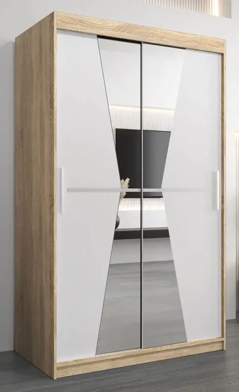 Schuifdeurkast / kledingkast Naranco 02 met spiegel, kleur: Sonoma eiken / mat wit - afmetingen: 200 x 120 x 62 cm ( H x B x D)