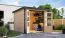 Tuinhuis / berging van onbehandeld Noorse spar met antracietkleurig metaalprofielen plaatstalen dak, dubbele deuren met licht uitsparingen, cilinderslot, 2,38 × 2,42 m