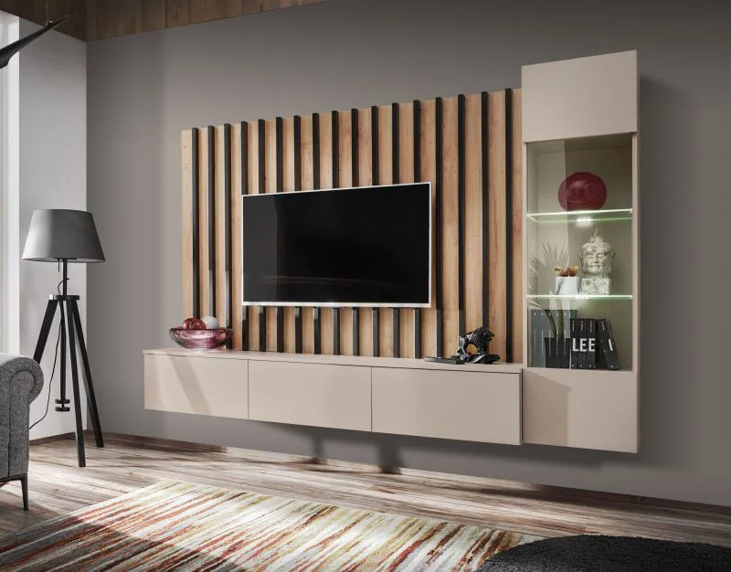 Wandmeubel | kleur: kasjmier | push-to-open functie | afmetingen: 220 x 35 x 148 cm | 1 TV-onderkast | 1 vitrinekast | voor de woonkamer