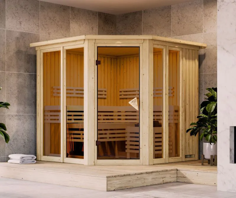 Sauna Laurino / 68 mm wand dikte / Noordse spar / 196 x 196 x 198 cm / incl. 9kW verwarming met geïntegreerde bedieningseenheid / decoratieve boven lijst en verlichting aan bovenzijde