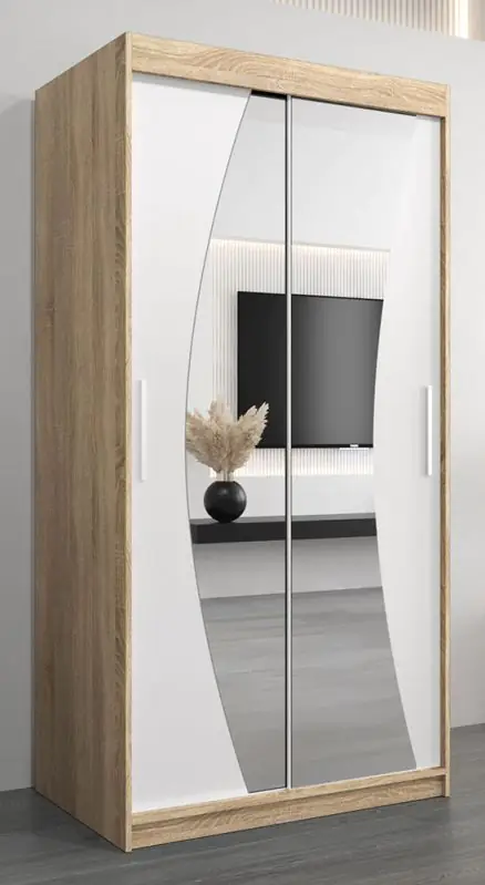 Schuifdeurkast / kleerkast Combin 01 met spiegel, kleur: sonoma eiken / mat wit - afmetingen: 200 x 100 x 62 cm (H x B x D)