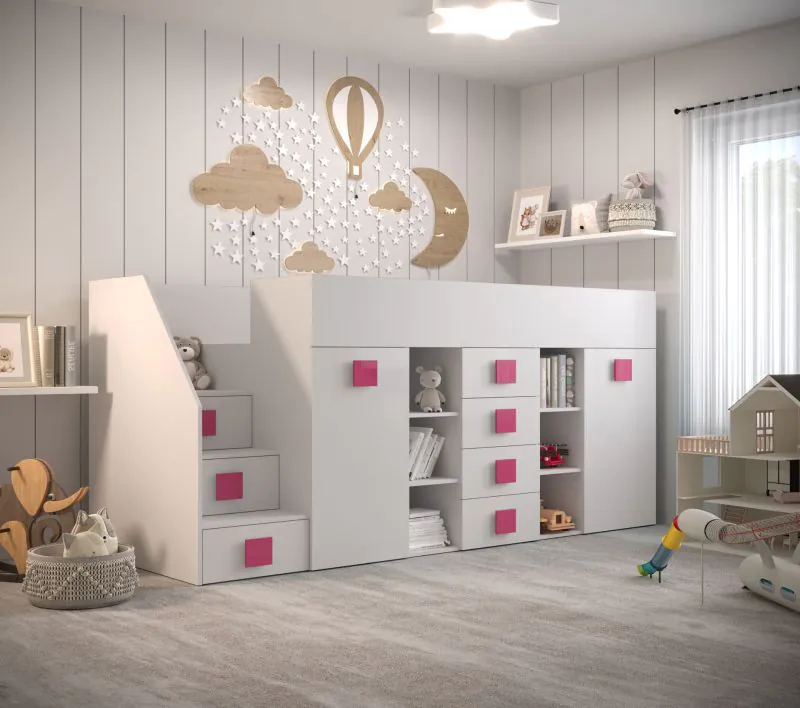 Functioneel bed / kinderbed / hoogslaper combinatie met opbergruimte en bureau Jura 76, kleur: wit / roze - afmetingen: 123 x 248,5 x 93 cm (H x B x D)