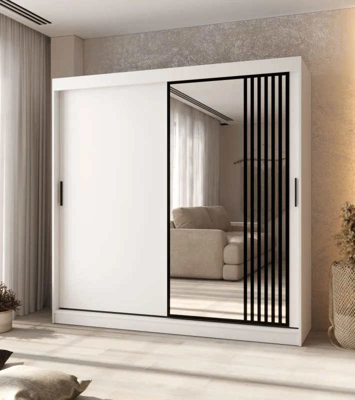 Kledingkast / schuifdeurenkast | decoratieve spiegeldeur | mat wit | 10 vakken | 2 kledingstangen | 200 x 62 x 200 cm | voor de slaapkamer