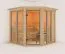 Sauna Laurino / 68 mm wand dikte / Noordse spar / 196 x 196 x 198 cm / 3 banken van espenhout / met bronskleurige deur / sierkrans en verlichting aan bovenzijde