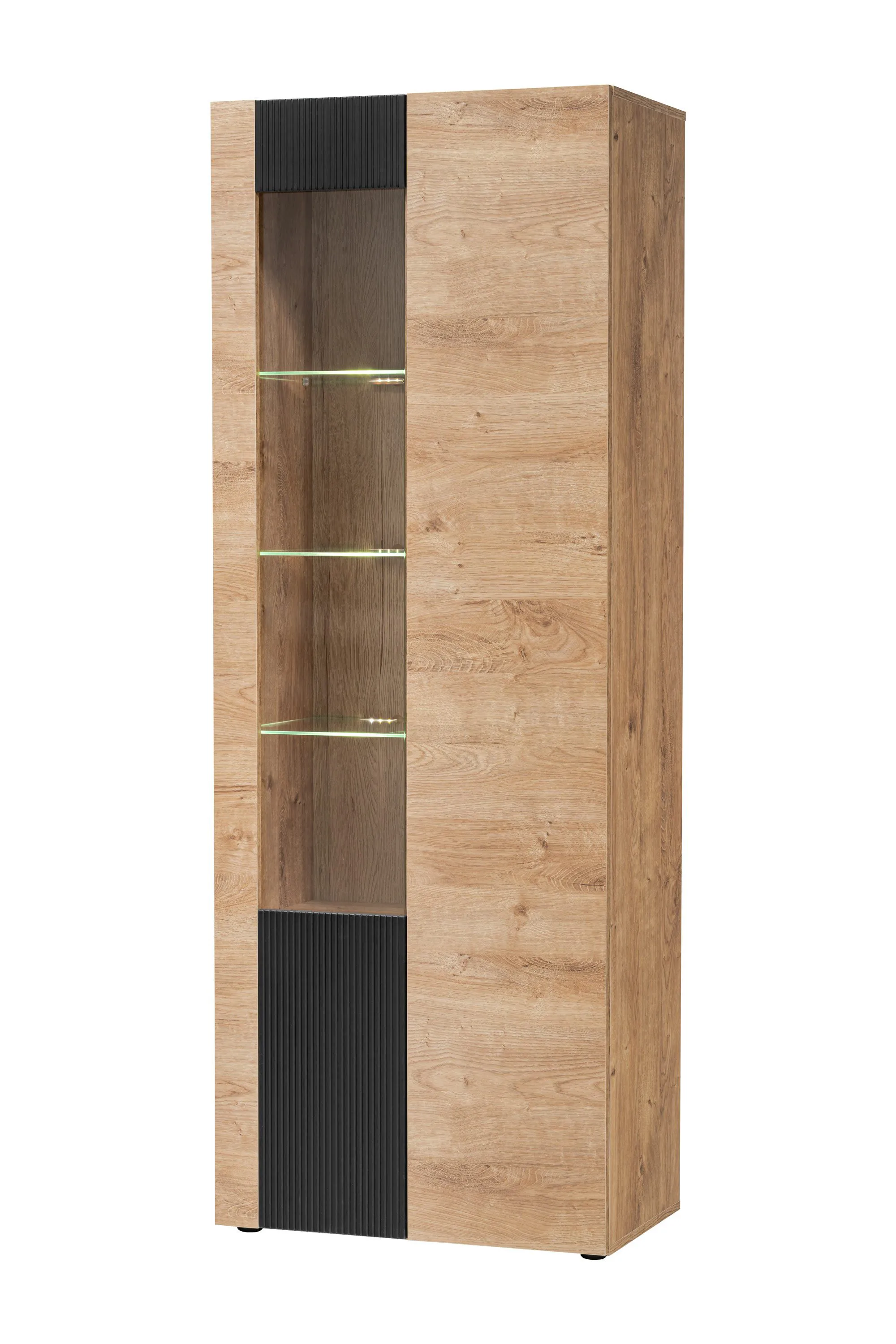 Vitrine | Farbe: Eiche Ribbeck / Schwarz matt | 2 Drehtüren | inkl. LED-Beleuchtung | 11 Fächer | Maße: 70 x 40 x 192 cm