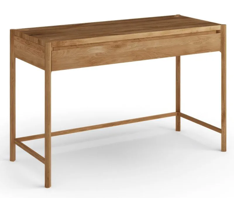 Make up tafel / Kaptafel / 1 lade / soft close systeem / massief hout / geolied eiken / kleur: eiken / 123 x 48 x 82 cm / Seille 19 / gefreesde handgrepen