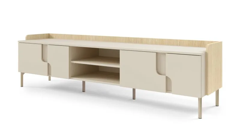 TV-onderkast / kleur: Mavelie eiken / Macadamia / 4 draaideuren / 4 vakken / 200 x 42 x 51 cm / push-to-open functie / lang TV-meubel / voor de woonkamer