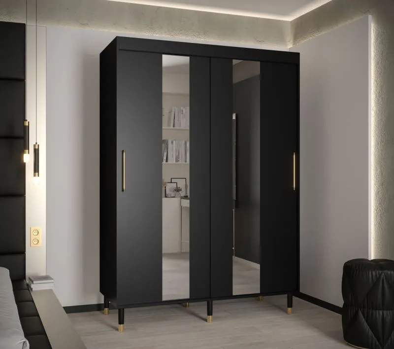 Schuifdeurkast met twee spiegelstroken Jotunheimen 198, kleur: zwart - Afmetingen: 208 x 150,5 x 62 cm (H x B x D)
