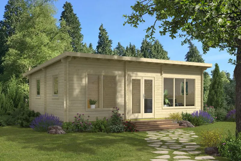 Vakantiehuis / tuinhuis met 4 kamers, incl. vloer, gemaakt van Noorse spar, blokhut 40 mm, grondoppervlakte: 40,5 m², met dubbele beglazing, buitenafmetingen: 780 x 520 cm, plat dak