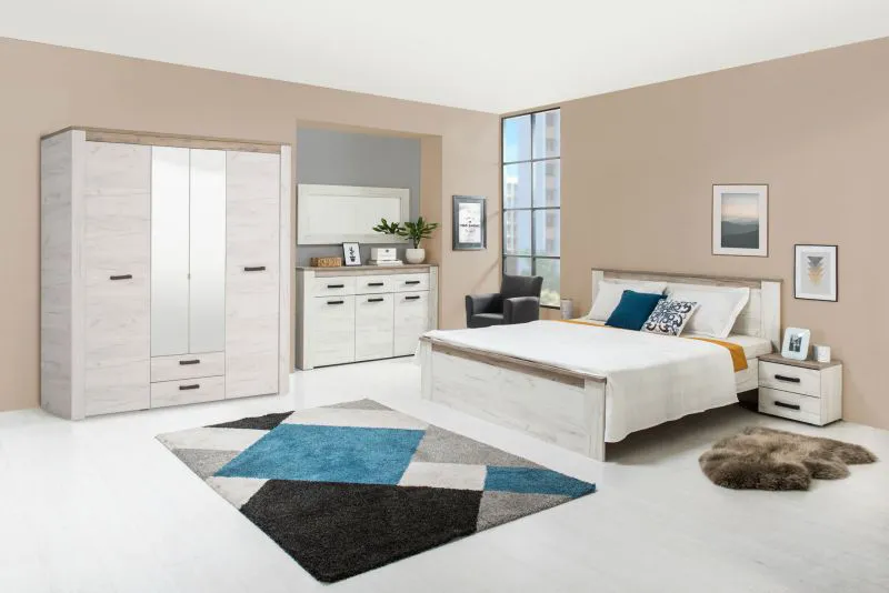 Slaapkamer compleet - Set A Zemun, 5-delig, kleur: eiken grijs / eiken wit, een kledingkast, een tweepersoonsbed, een ladekast / commode, twee nachtkastjes
