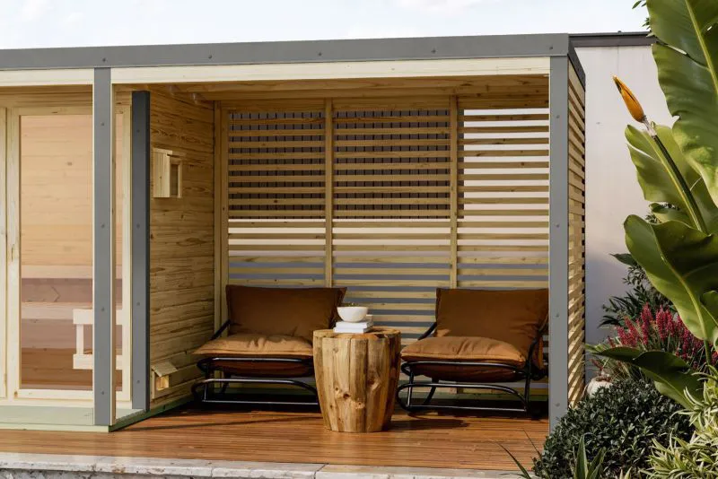 Houten aanbouwdak voor buiten sauna Bugnara / incl. lattenwanden / Noordse spar / metalen frame: Antraciet / 269 x 276 x 232 cm / Uitbreiding voor uw wellnessruimte