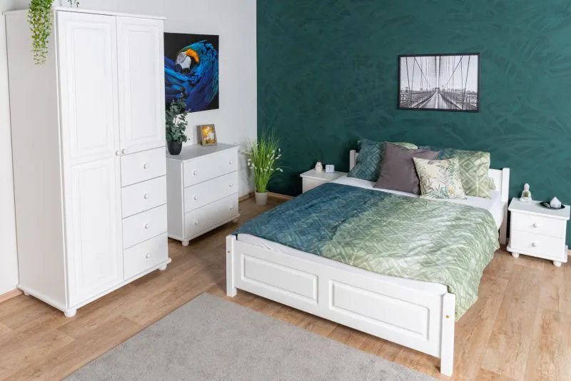 Witte slaapkamer compleet set J Junco, landhuis stijl, 5-delig, grenen hout, massief hout, bed 140 x 200 cm, 2 nachtkastjes, kledingkast, ladekast