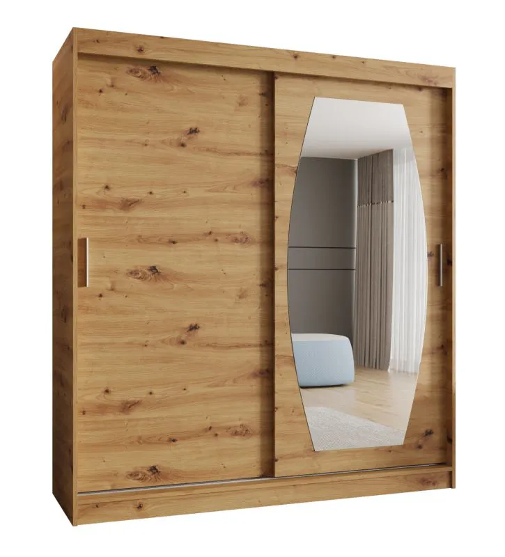 Schiebetürenschrank mit einer Spiegeltür Musala 13, Farbe: Eiche Artisan, 1,8 Meter breit, 10 Fächer, zwei Kleiderstangen, Aluminiumschienen, Kleiderschrank