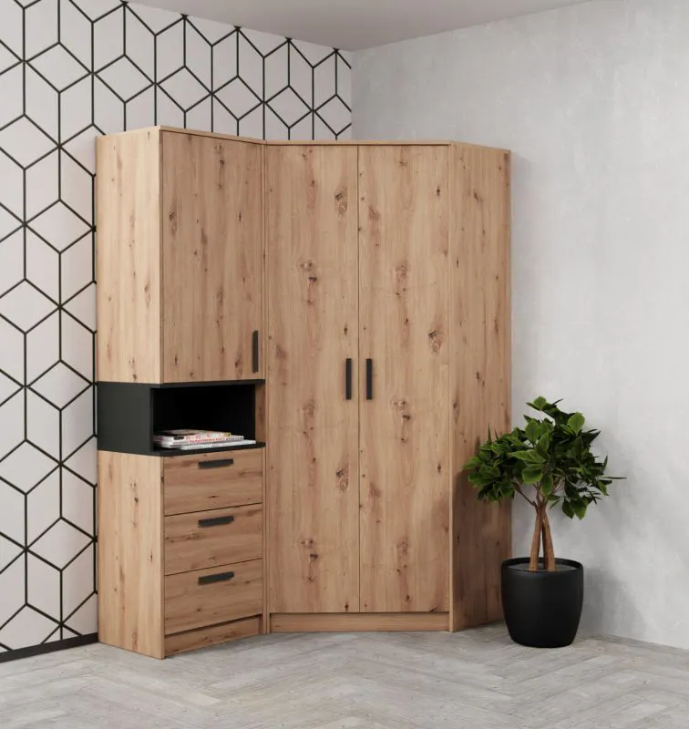 Hoekkledingkast- Set E Fafe / 2-delig / kleur: Artisan eiken / zwart / veel opbergruimte / soft-close functie / hoekkast / 1 open vak
