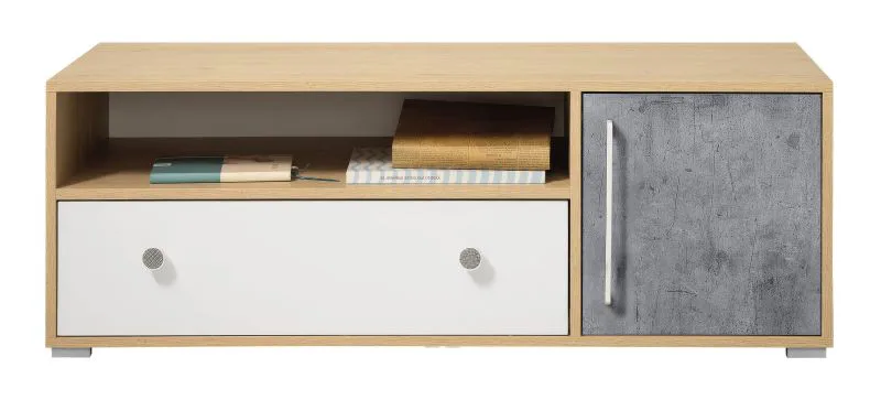 Jeugdkamer / tienerkamer - TV-onderkast Modave 08, Kleur: Eiken / Wit / Grijs - Afmetingen: 42 x 120 x 50 cm (H x B x D)