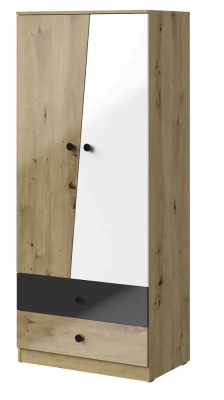 Draaideurkast / kledingkast Sirte 01, kleur: eiken / wit / zwart hoogglans - afmetingen: 190 x 80 x 50 cm (H x B x D)