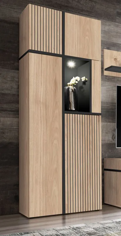 Vitrine kast met LED verlichting Jordalsgrenda 01 | Eiken / Zwart | 10 vakken | vier deuren | Push-to-open | 70 x 40 x 195 cm (L x D x H) | woonkamer