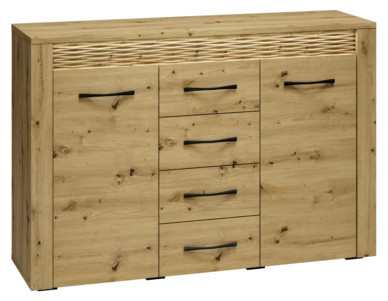 Dressoir / sideboard kast Glostrup 07, kleur: eiken - afmetingen: 94 x 138 x 40 cm (H x B x D), met 2 deuren, 4 laden en 4 vakken