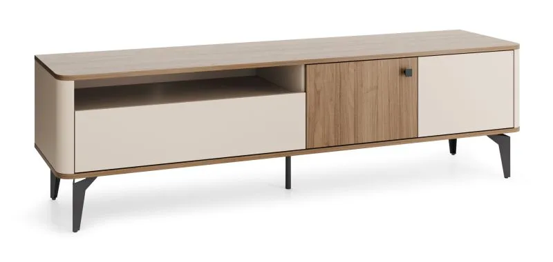 TV-onderkast | Notenhout/kasjmier | 180 x 40 x 51 cm | 2 deuren | Lade met soft-close-systeem | Push-to-open-systeem | Metaal poten | ABS-randen | 3 vakken | Belladere 06