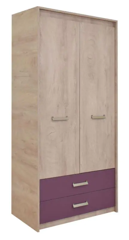 Kinderkamer -  draaideurkast / kledingkast Koa 02, kleur: eiken / violet - afmetingen: 203 x 96 x 52 cm (H x B x D)