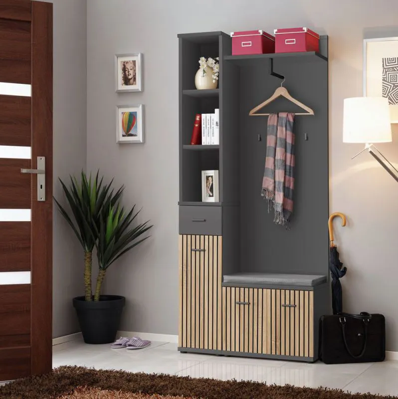 Smalle kapstok / garderobe Ringerike 01, kleur: antraciet / Artisan Eiken - Afmetingen: 203 x 90 x 32 cm (H x B x D), met voldoende opbergruimte